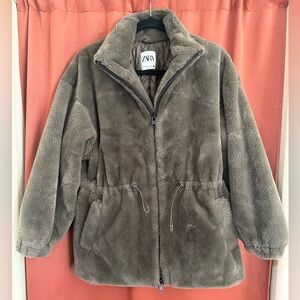 Zara Olive Green Faux Fur Zip-Up Coat